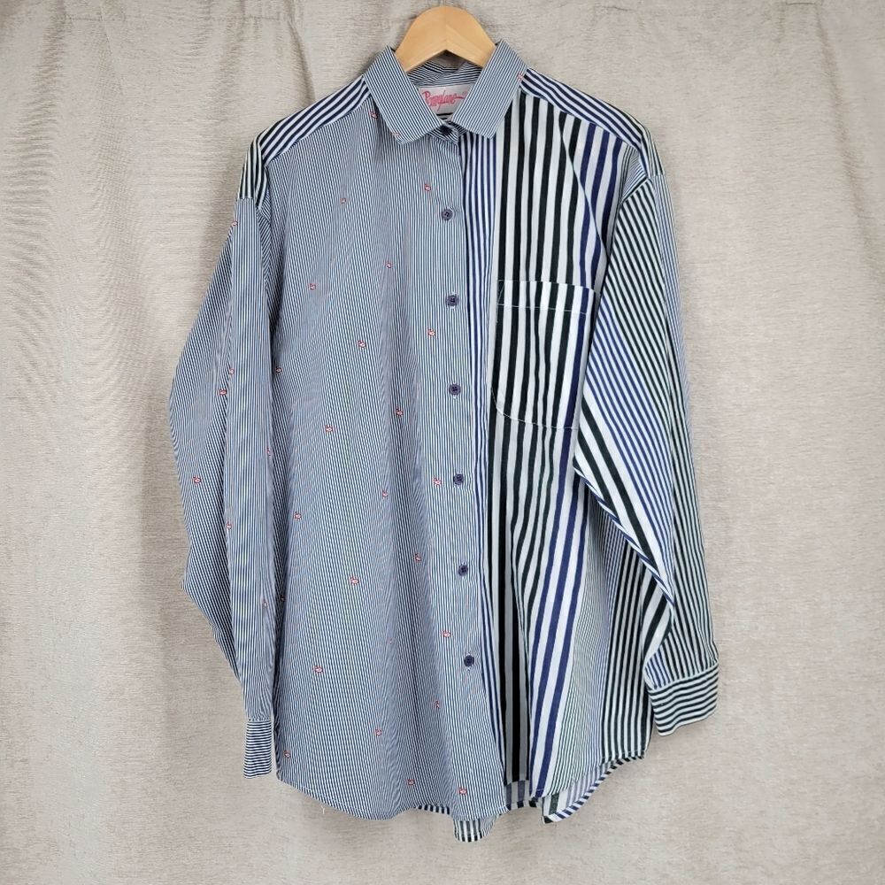 Pennylane Vintage Split Pattern Stripes Button Down Shirt Paisley Bandana Print